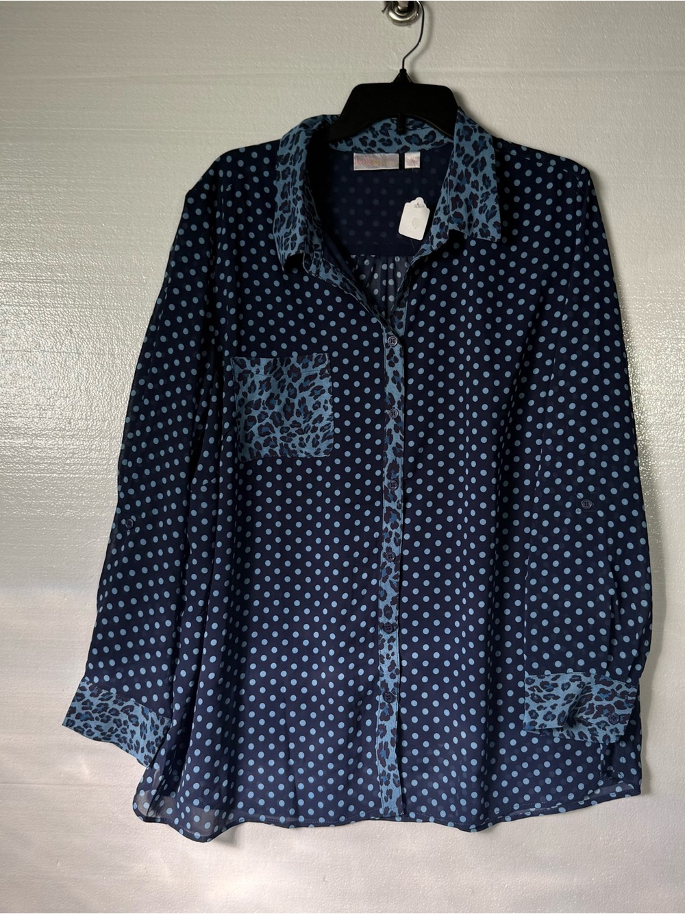 Belle by Kim Gravel Women 2X Navy Blue Polka Dot Leopard Print Button Front Top